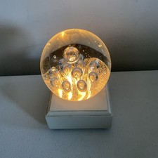 Clear Art Glass Controlled Bubbles Paperweight Sphere 4   Lighted Stand