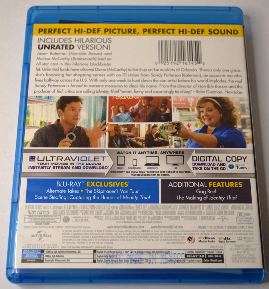 2012 IDENTITY THIEF BLU RAY & DVD WITH SLIP COVER STARRING JASON BATEMAN - Image 2 of 4