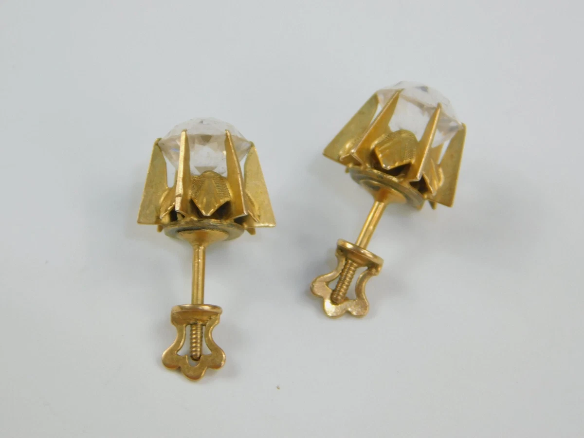 Antique Victorian 10k Gold Glass Stone Unique Buttercup Setting Pierced Earrings