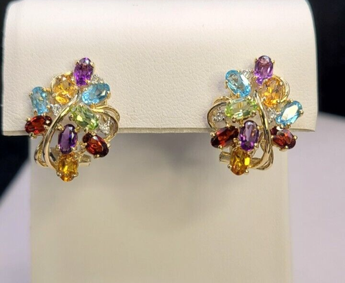 14K Gold Topaz Peridot Garnet Amethyst Citrine Diamond 9CT TW Earrings - Picture 3 of 8