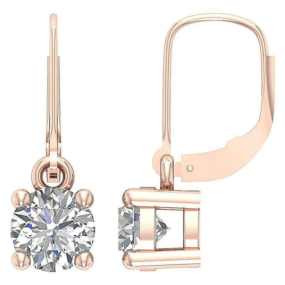 Pendientes colgantes solitario con cierre de palanca diamante redondo SI2 H 0,90 quilates oro 14K Foto 3 de 4