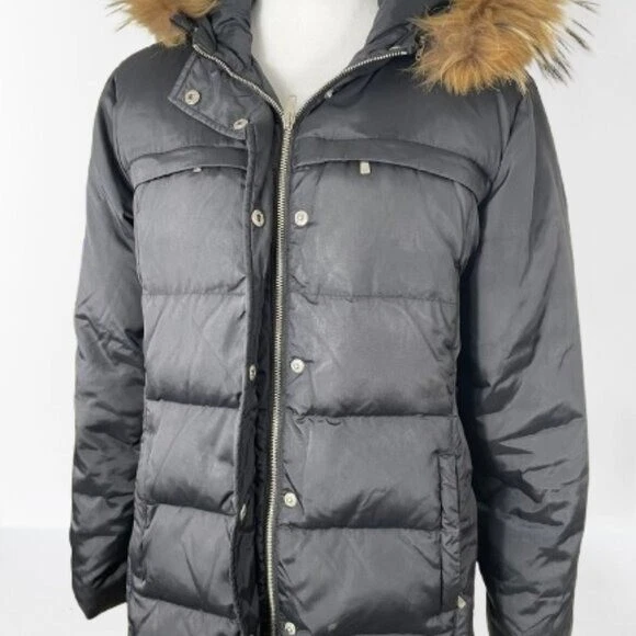 Piumino donna Michael Kors nero imbottito pelliccia sintetica orlo cappuccio taglia L con difetti