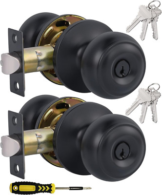 (2 Pack) Entry Door Knobs with Lock and Keyed Alike, Interior/Exterior Flat Ball