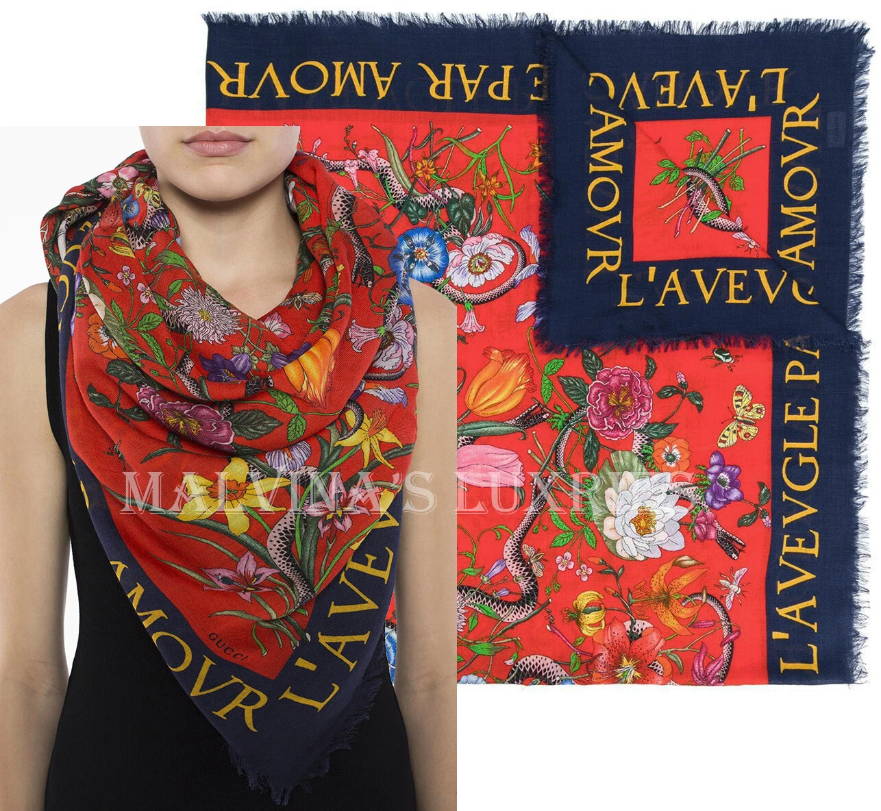 FOULARD GUCCI LAINE SOIE FLORE SERPENT L'Aveugle Par Amour IMPRESSION CHÂLE 53