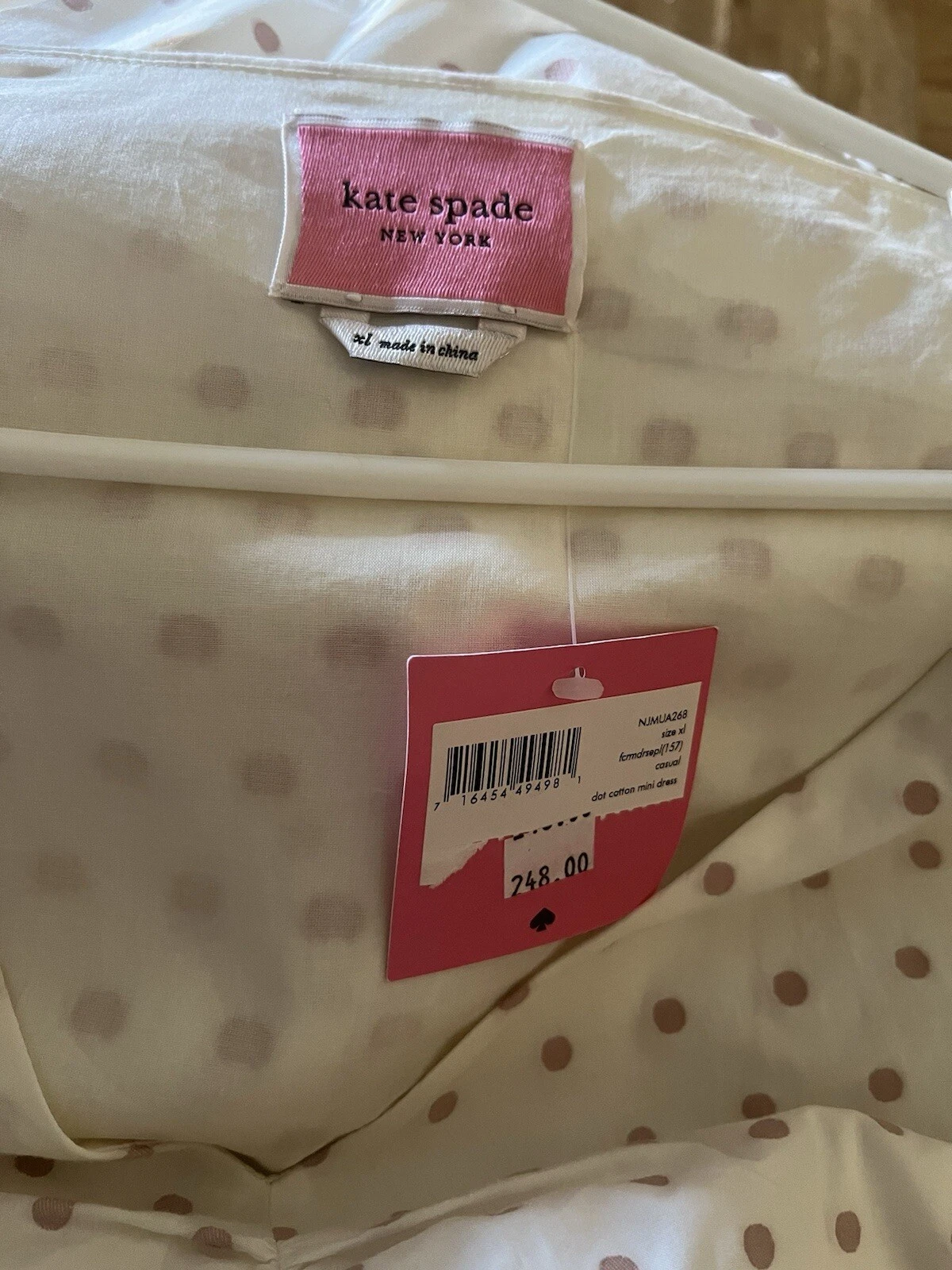 Abito Kate Spade nuovo con etichette 100% cotone XL tasche foderato bianco con pois malva