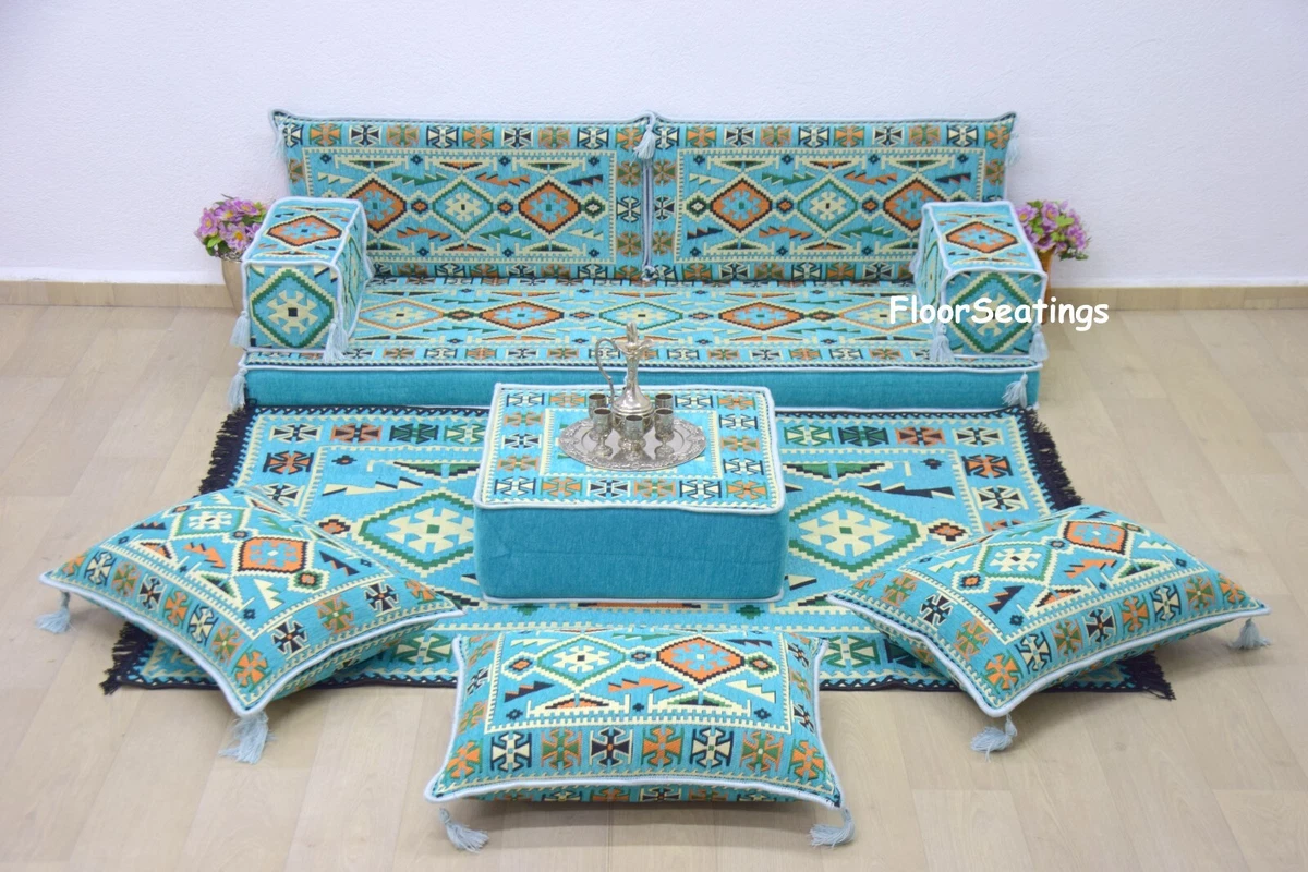 Blue Green Floor sofa Moroccan couch Kilim seat Turkish Arabic