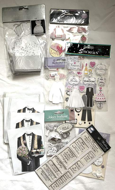 Wedding  shower scrap book stickers, dress favor boxes, note cards, new