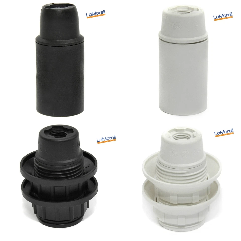 Portalampada E14 in Plastica Corpo Liscio e Filettato Con 2 Ghiere