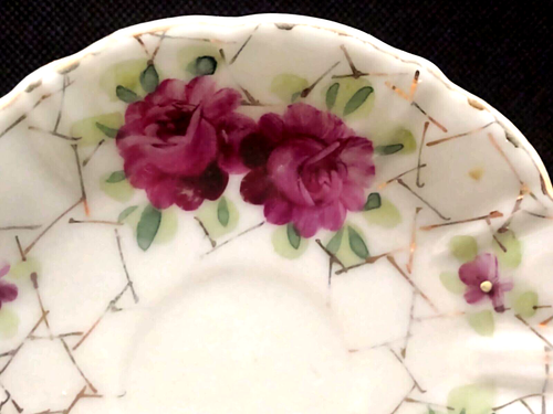 Demitasse Cup Saucer Gold on Porcelain Purple Red Cabbage Roses Unmarked VTG - Picture 2 of 8