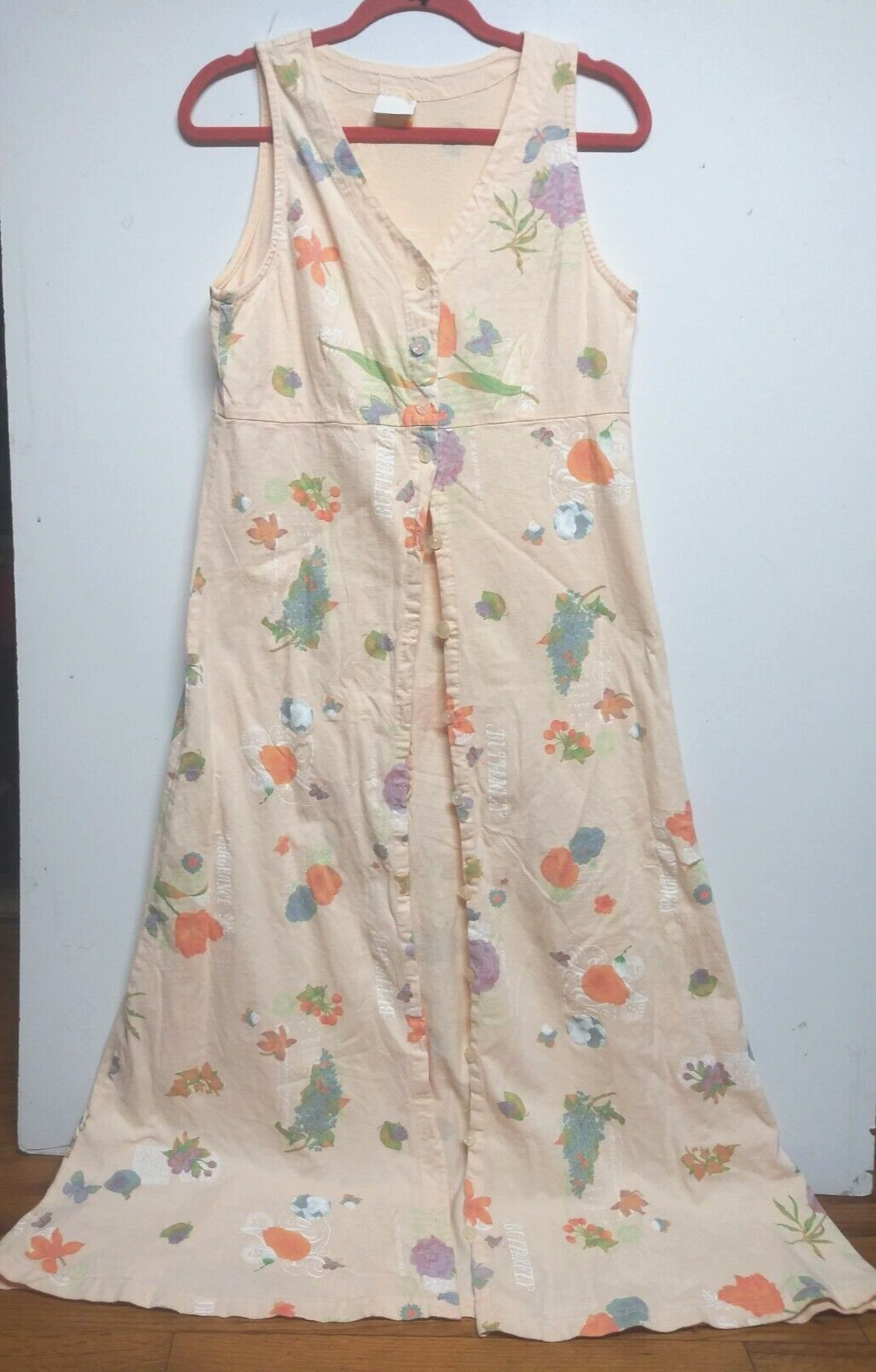 Stamp Maxi Dress Sz M Art-To-wear floral butterfly words button-up USA Resort-image
