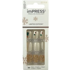 NEW Kiss Nails Impress Press On Manicure Short Gel Pearl White Tree Christmas