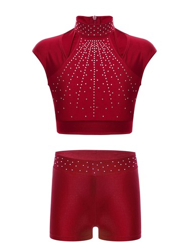 Kids Girls Outfit Active Shorts Sleeveless 2 Piece Sequins Crop Top Mock Neck - Picture 30 of 85