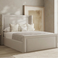 Image of Double Winged Panel Bed Frame Beading Plush Velvet Upholstered Gas Lift Storage
