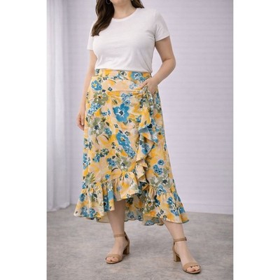 NWT LOFT Floral Midi Wrap Skirt Ruffle Hem Yellow Blue Pink Boho Size XXS