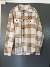 H M Plaid Button Mid-Length Jacket Pockets Beige Brown White Mens S