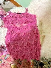 Sincerely Jules Pink Sequin Mesh 2 Piece Set Top & Skirt Medium Festive