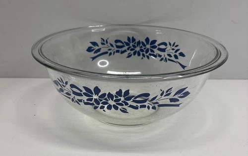 VTG Pyrex Blue Floral Ribbon Clear Glass Mixing Bowl 2.5 Liter USA VGC