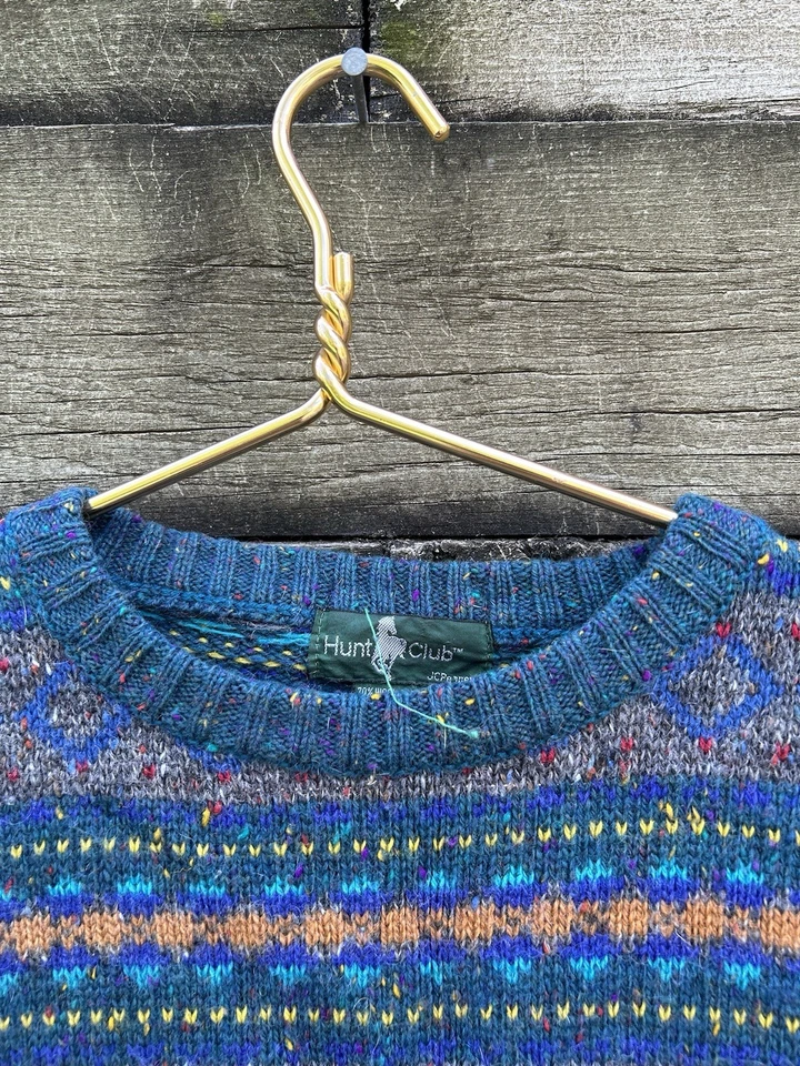 VTG Hunt Club Wool Size L 42-44 Fair Isle Purple Gray Red Green Yellow M Sweater - Image 3 of 4