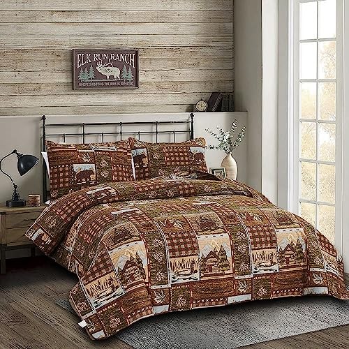 Elch Bär Quilt Set Größe Rustikale Hütte Bettwäsche Set Full/Queen Dark Coffee - Bild 3 von 8