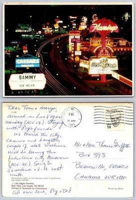 1985 Las Vegas Strip Night View Postcard, Caesars Palace Flamingo Neon