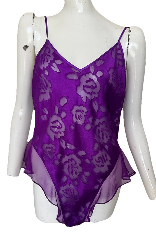 Vintage Victoria's Secret Teddy Womens M Purple Jacquard Sheer High Leg Ruffle