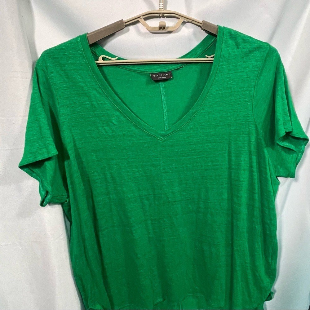 Tahari Vibrant Green V-Neck Short Sleeve Top 2X 100% Linen Summer Vibes