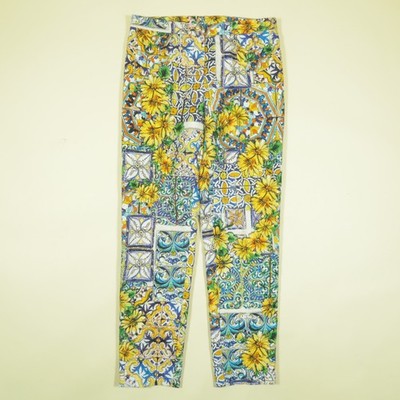 Vintage Dolce & Gabbana Floral Cotton Pants Womens 42 Yellow Multi