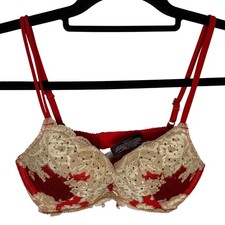 Victoria's Secret Red Gold Lace Rhinestone Push Up Bra 32C Adjustable Straps