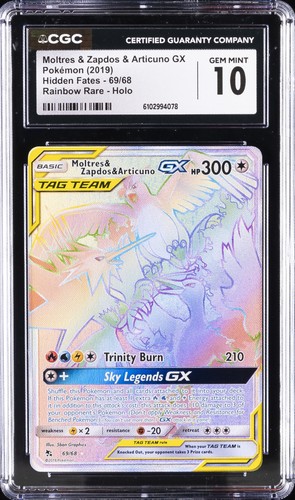 2019 POKÉMON HIDDEN FATES #69/68 MOLTRES & ZAPDOS & ARTICUNO GX CGC 10 GEM MINT