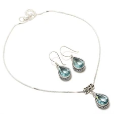 Blue Topaz 925 Silver Plated Handmade Necklace & Earrings Set of 18"