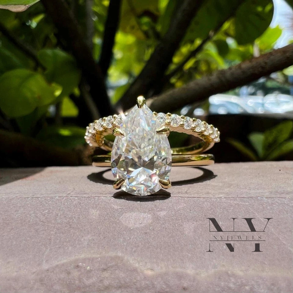 Moissanite Bridal Set Engagement Ring 2.50 Carat Pear Cut Solid 14K Yellow Gold - Image 4 of 4