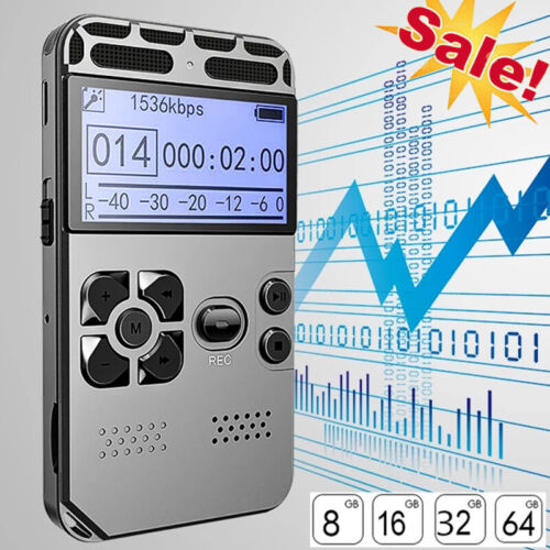 Enregistreur vocal audio numérique rechargeable 8-64 Go dictaphone lecteur MP3 - Photo 1 sur 12