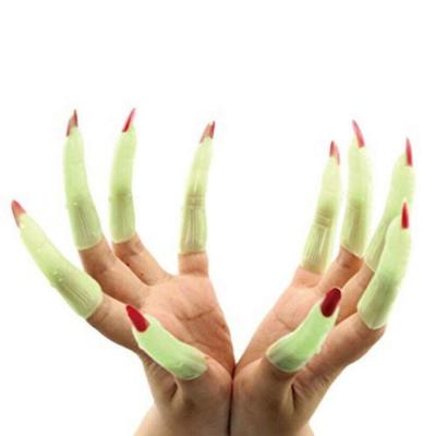 Halloween Witch Fingers Fake Nails | Green Glow-in-the-Dark Spooky Witches Finge