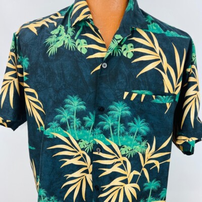 Rima Hawaiian Aloha L Shirt Palm Trees Bamboo Leaves Tropical Weld Pocket