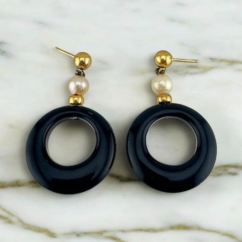 Vintage 14 Karat Yellow Gold Black Onyx & Pearl Circle Dangle Earrings 1.5"