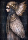 Egyptian Woman Art Print, Angel Golden Feathers Decor, Mystical Fantasy Poster