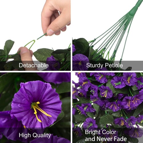 Artificial Fake Hanging Flowers Plants 2PCS Faux Silk Purple Morning Glory Vi... - Picture 4 of 8