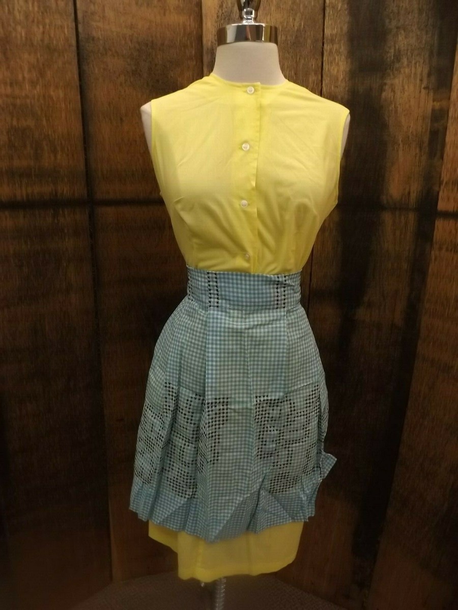 Vtg 1950s NEW Handmade Aqua Gingham Cross Stitch Floral Farm