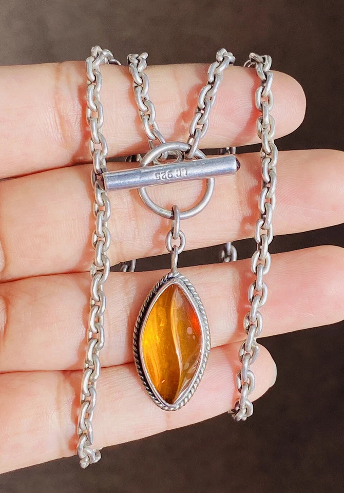 Collar vintage de plata esterlina Lori Bonn ámbar colgante cadena Rolo palanca Foto 2 de 4