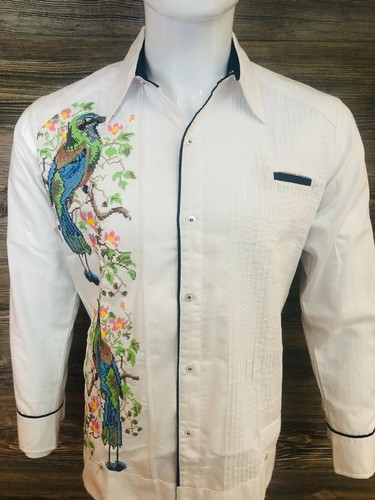 Camisa Artesanal Mexicana Para Hombre Blanco Lino Pájaro Tho Diseño | eBay