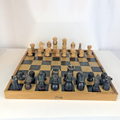 Tagua Nut Chess Set Folding Wood Board Vintage Hand Carved & Painted Ecuador 