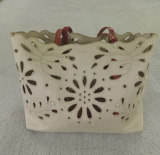 Chloe Tote Floral Eyelet Linen Canvas Leather Beige Italy East West Large
