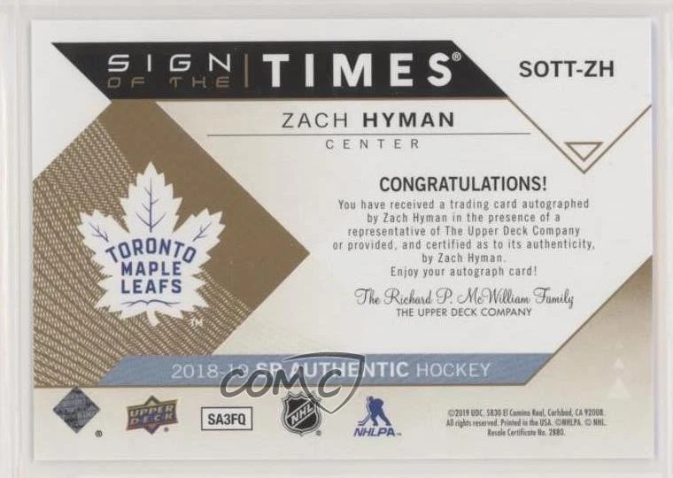 2018-19 SP Authentic Sign of the Times Zach Hyman #SOTT-ZH Auto - Image 2 of 2
