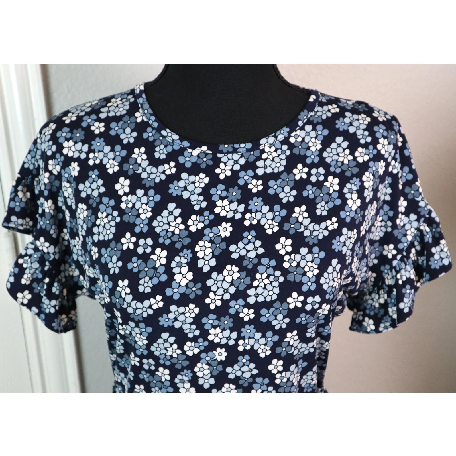 Abito Michael Kors blu bianco floreale avvolgente volant maniche svasate estate XS floreale