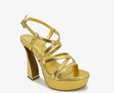 NWOB Kenneth Cole New York Allen Strappy Platform Gold Holiday High Heel SZ 9