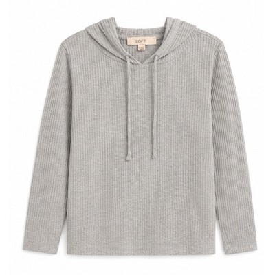 LOFT Womens Grey Waffle Knit Hoodie Pullover Sweatshirt Size M Athleisure Cozy