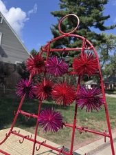 8 Retro Red & Magenta Foil Atomic Pom Pom Starburst ✨ Christmas Ornaments