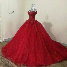 Red Off Shoulder Quinceanera Dress with Lace Decal and Sheer Fluffy Ball Gown