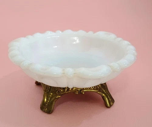 Vintage Anchor Hocking Dish Bowl Ashtray Thumbprint Milk Glass Metal Bottom