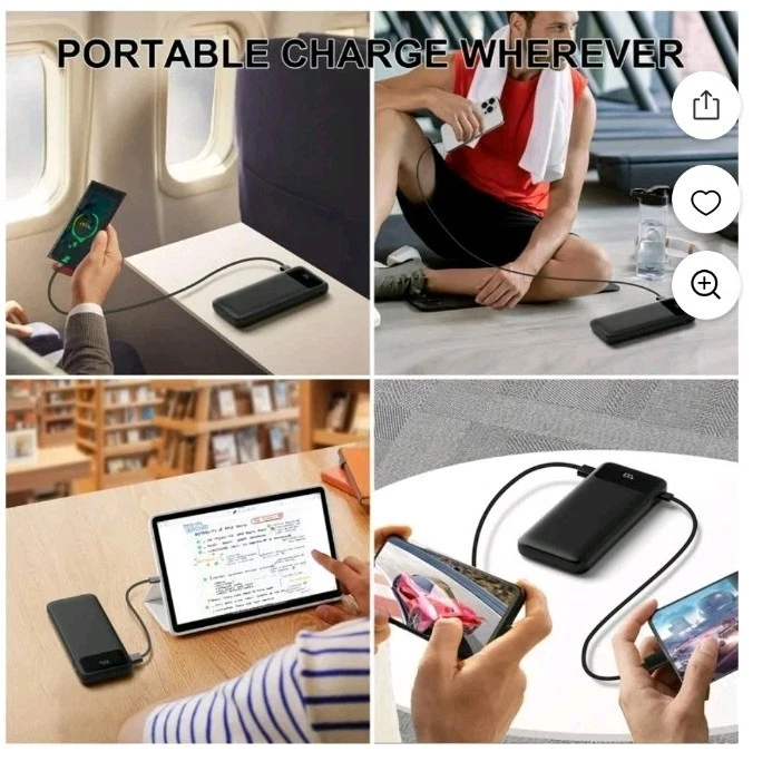 Banco de alimentación portátil 20000 mAh batería de carga rápida con 3 cables incorporados negro Foto 2 de 4